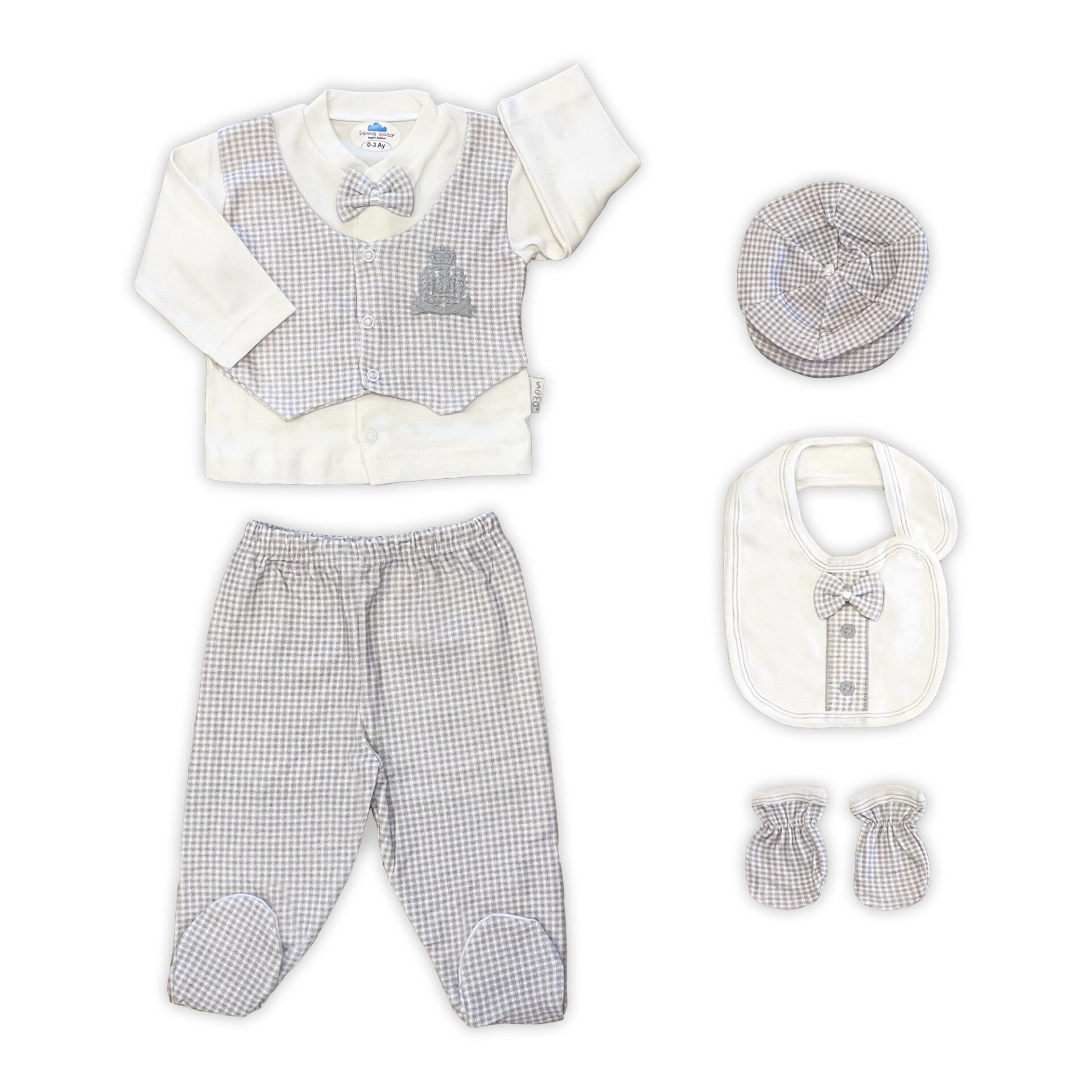 Sema Baby Papyonlu Lüks 5 Parça Hastane Çıkışı Zıbın Seti – Gri